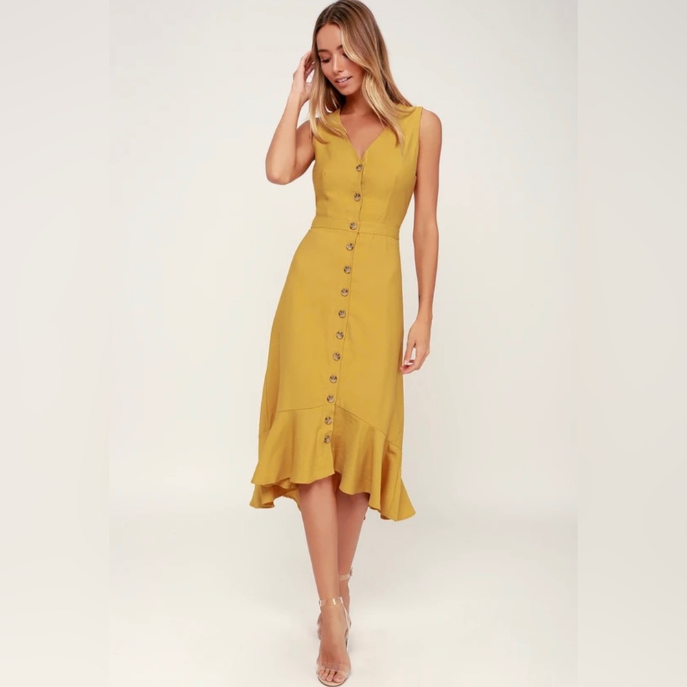 Lulus When We First Met Mustard Yellow Button Front Midi Dress